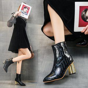 zipper ankle boots women's metal heel embossed shiny leather nude boots
